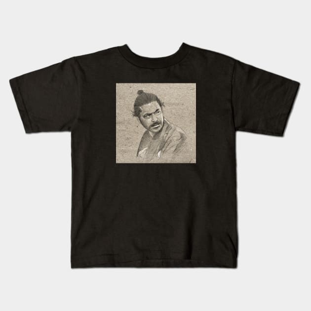 Yojimbo - Toshiro Mifune Portrait Drawing Kids T-Shirt by ianoz